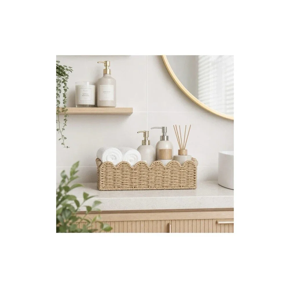 Farmhouse Scalloped Toilet Paper Storage Baskets 2 Pack Woven Wood Handles